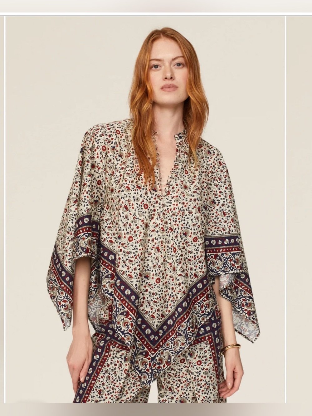 Rosetta Getty Collective Bohemian Floral V-Neck Poncho Ivory and Navy Top Size